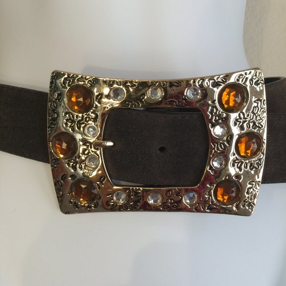 Vintage Statement belt Jeweled buckle suede leather belt M brown, amber, gold main image 10